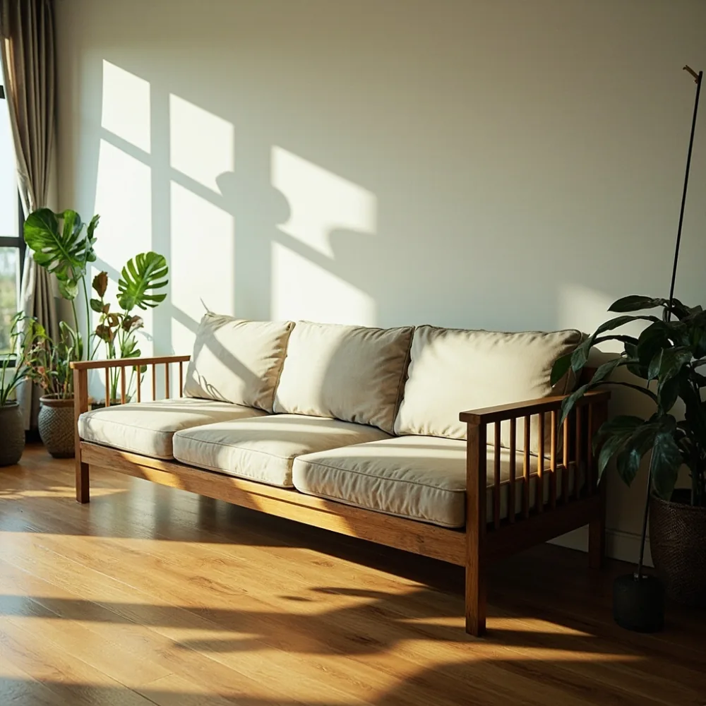 Three‑seat solid wood sofa in a bright HDB living room with wooden flooring and indoor plants