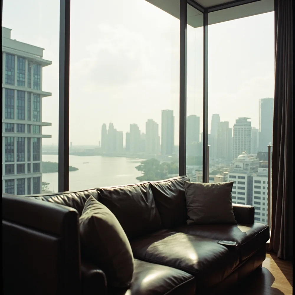 Elegant leather sofa with Marina Bay skyline visible from a condo balcony
