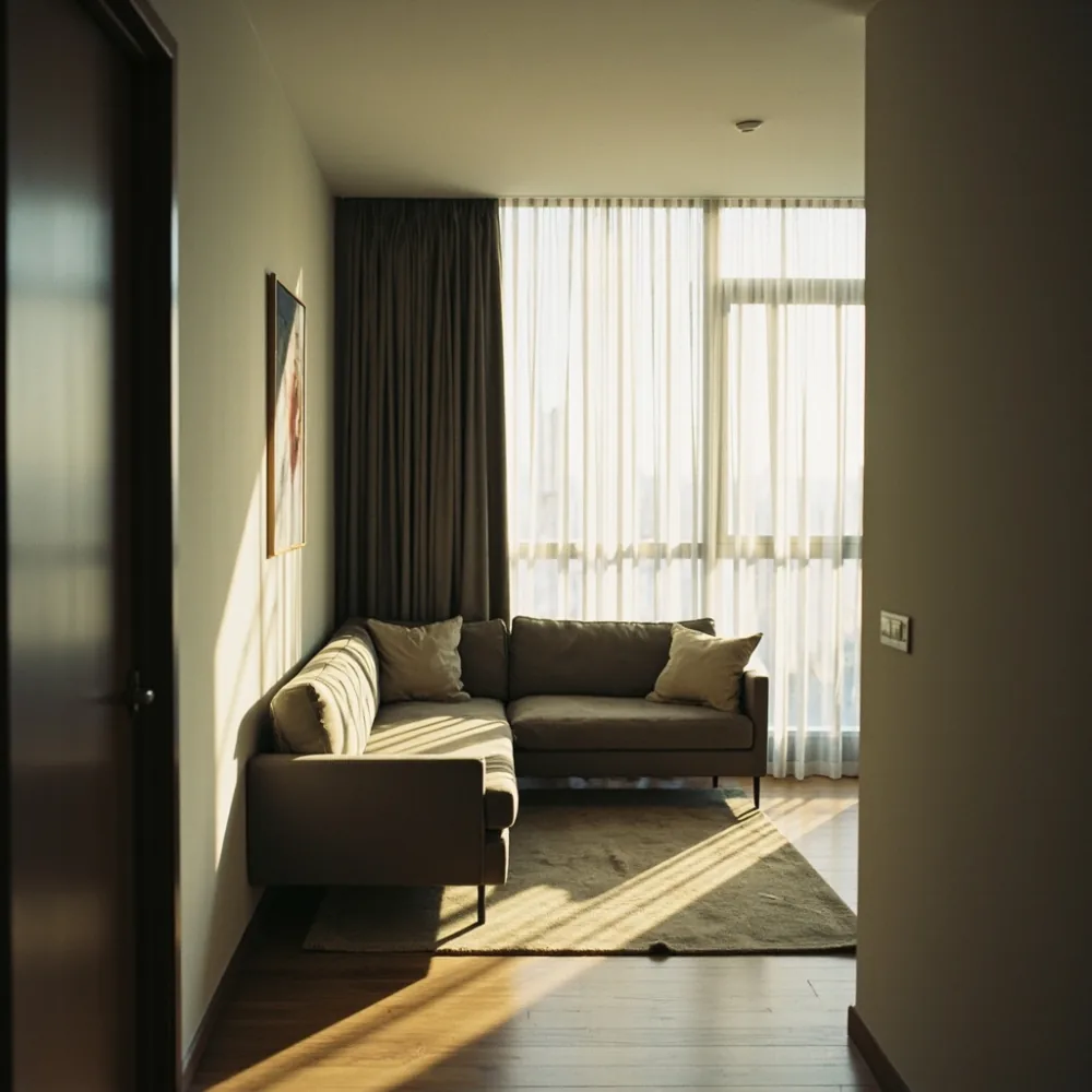 Modular small space sofa arranged in a narrow condo hallway