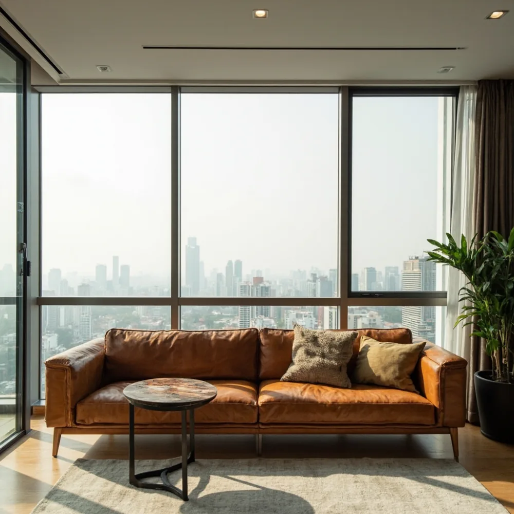 Tan leather sofa in a Singapore condo living room with floor-to-ceiling windows