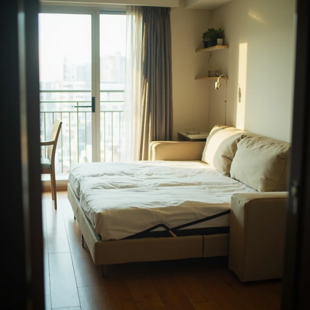 Sofa bed opened in a small Singapore studio apartment