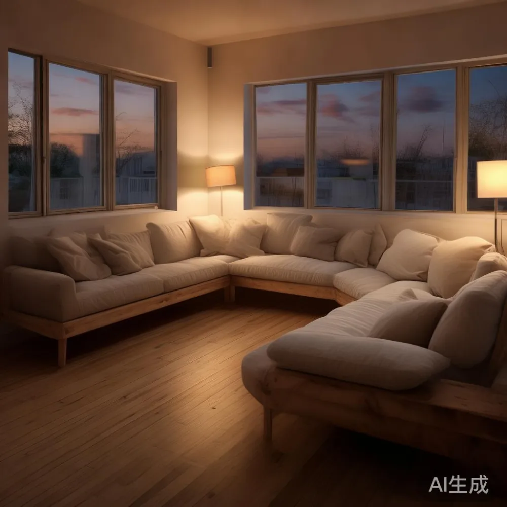Optimizing Warm Minimal Spaces for Solid Wood Living — room setting at dusk with warm lamp light, film