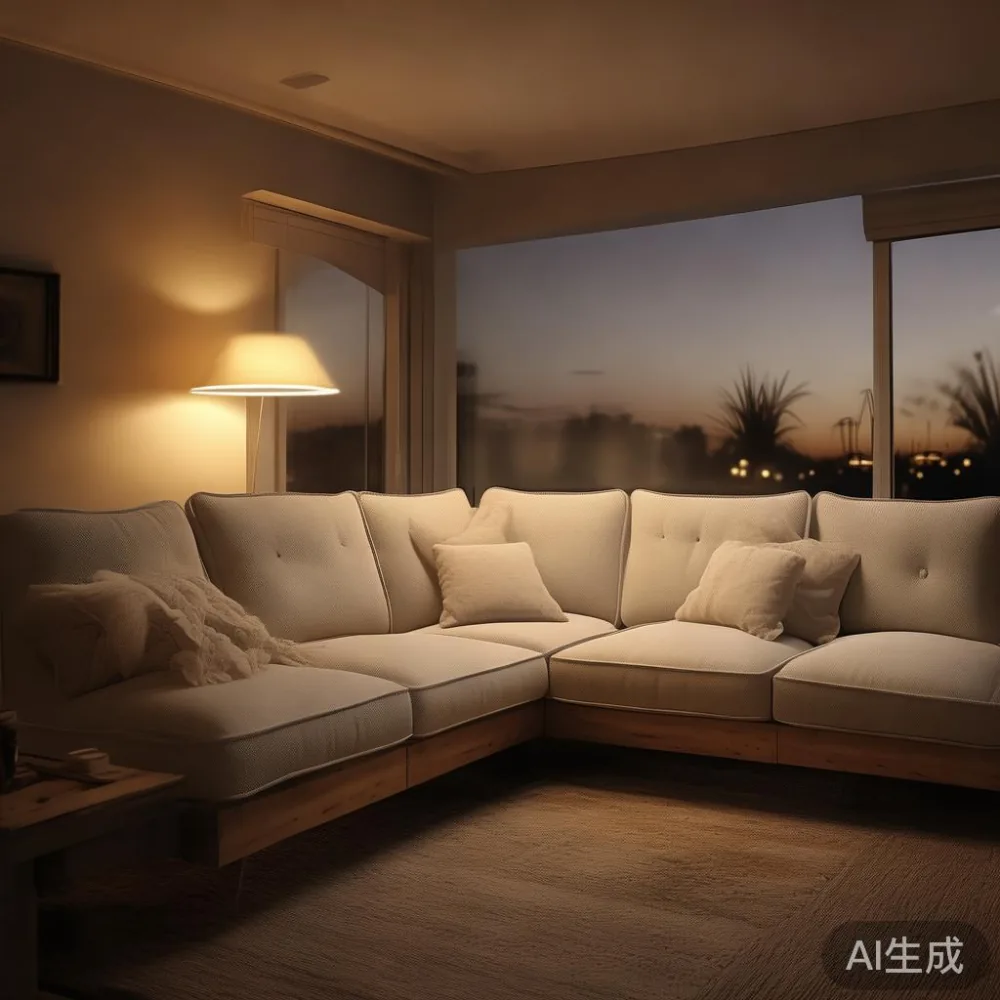 Optimizing Warm Minimal Spaces for Solid Wood Living — room setting at dusk with warm lamp light, film