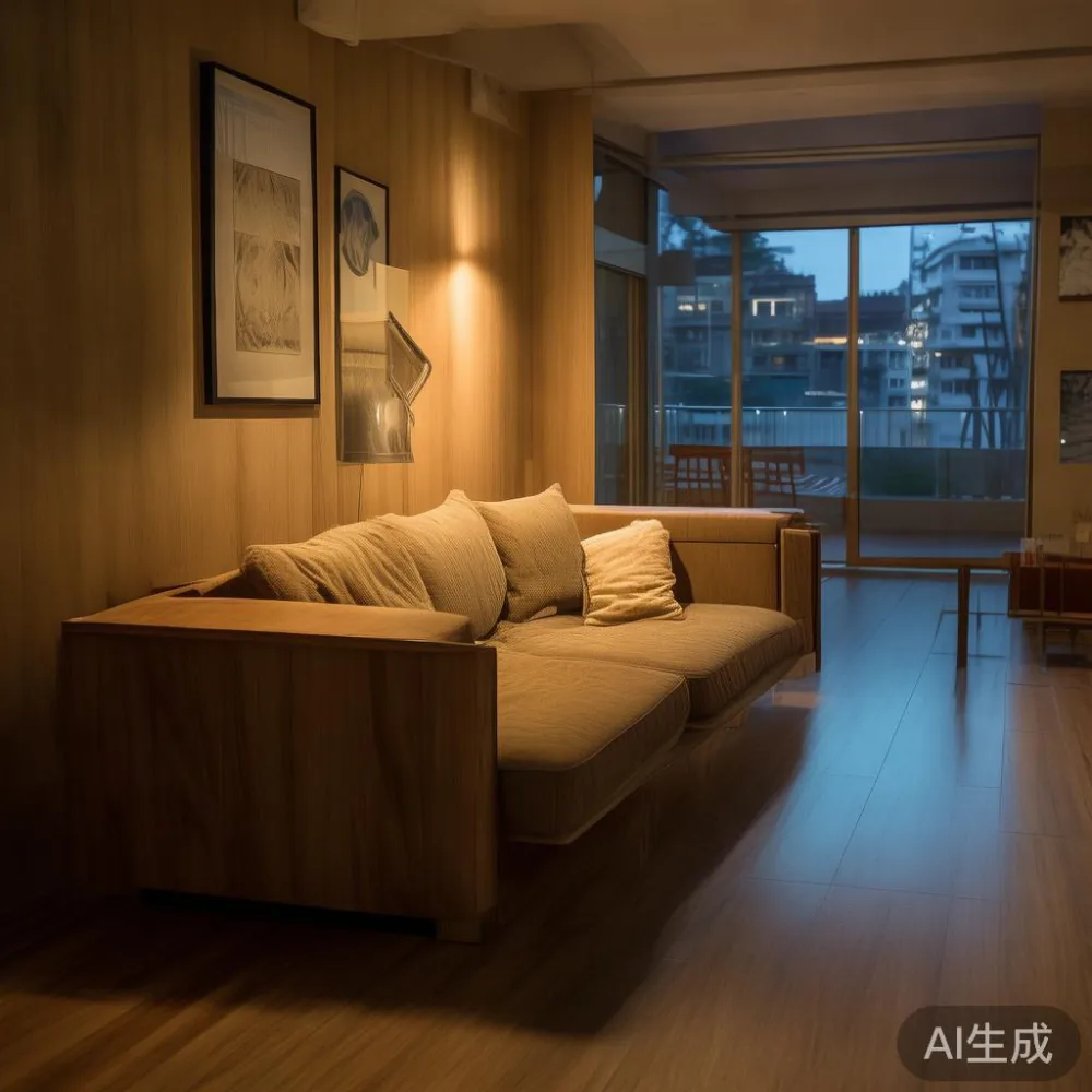 Humidity, HDB Corridors, and the Solid Wood Furniture You Live With in — room setting at dusk with warm lamp light, film 